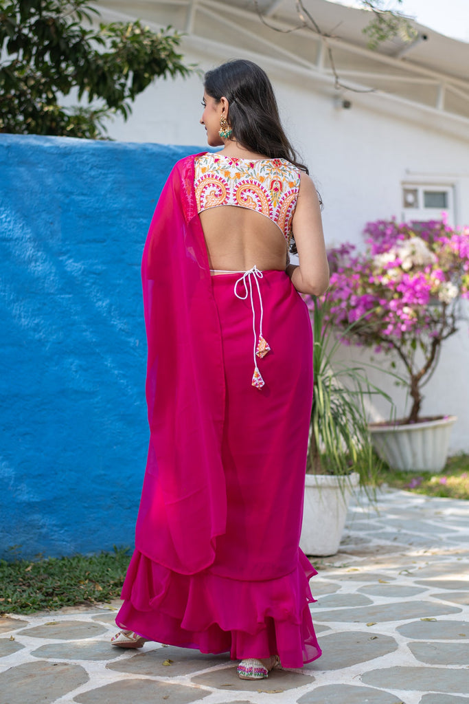 Women's Rani Pink Ruffle Saree