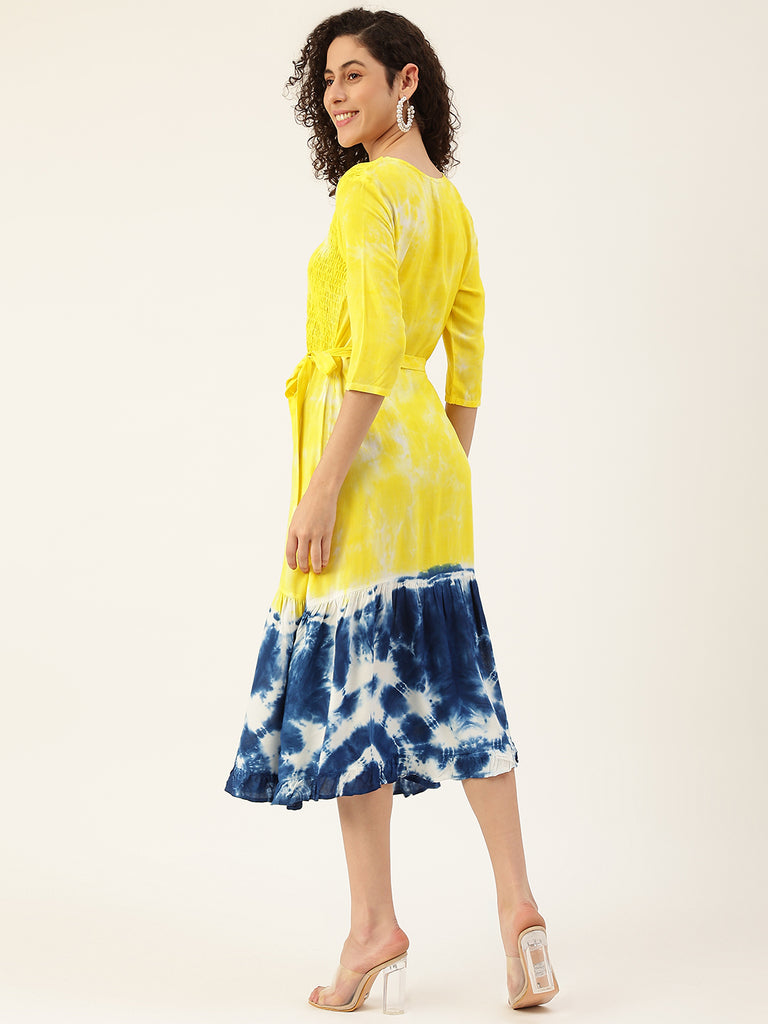 Women's Yellow Blue Bobbin Tie-Dye Rayon Dress