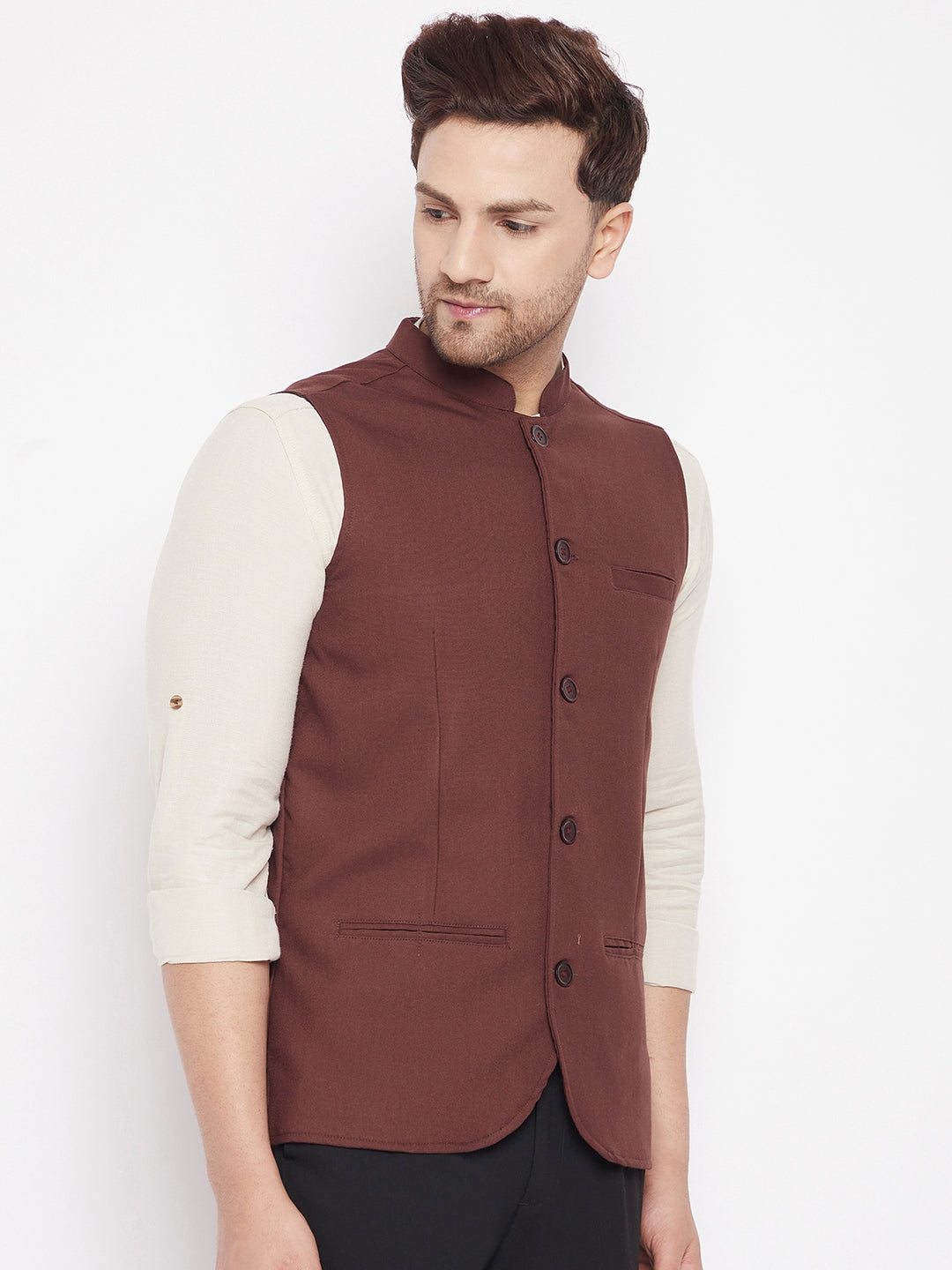 Men's Maroon Color Woven Nehru Jacket - Even Apparels