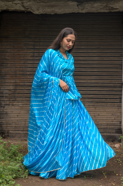 Women's Blue  Upada Silk Lehenga With Bijiya And White Tassels Set - Saras The Label
