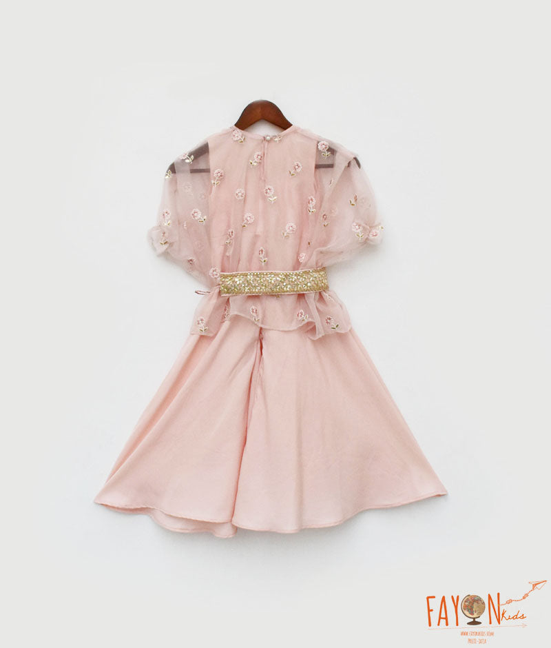 Girl's Peach Crepe Jumpsuit And Organza Cape