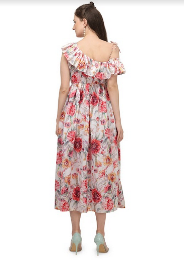 Women's White Off Shoulder Floral Ankle Length Tunic Dress - MESMORA FASHIONS