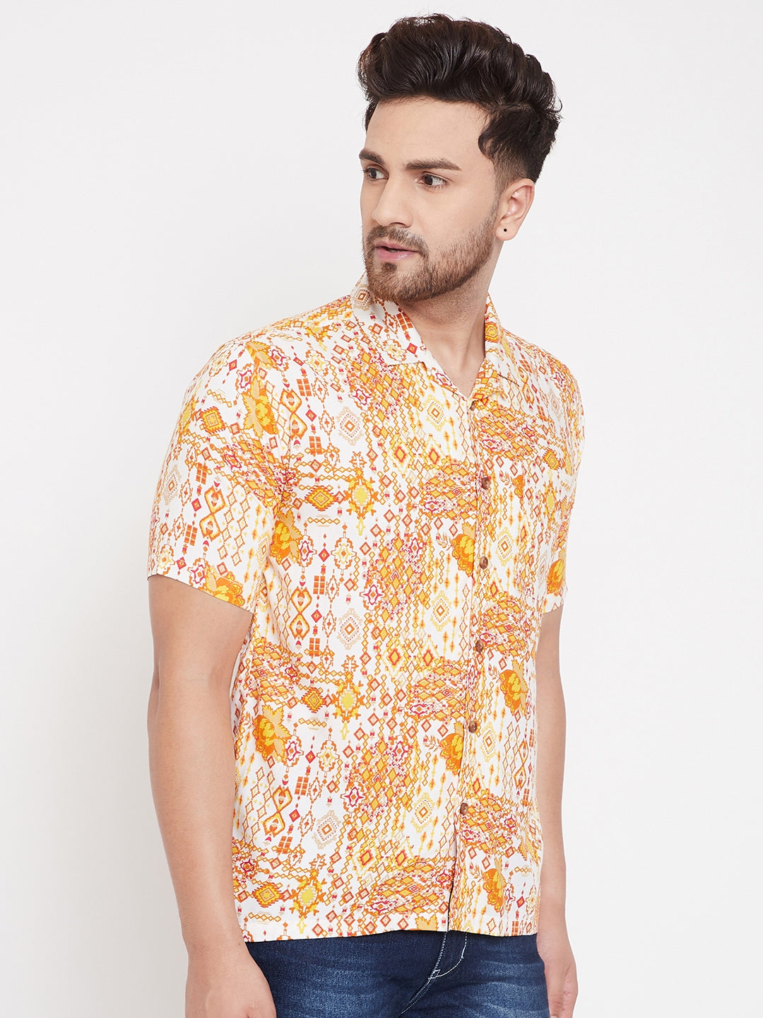 Men's Orange Summer Cuban Collar Shirt