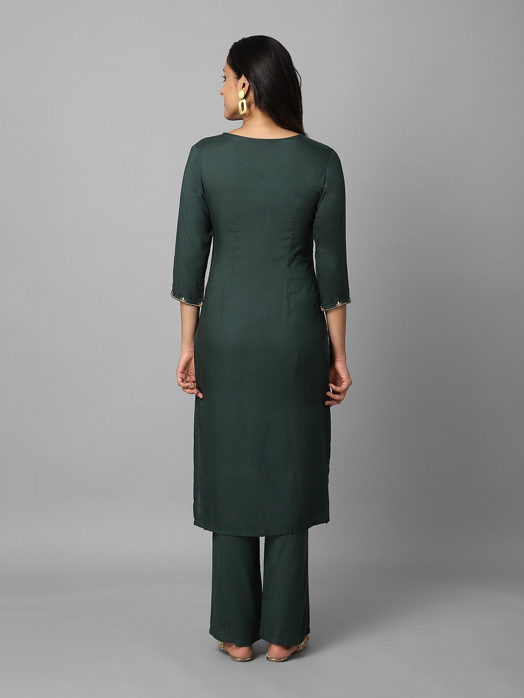 Women's Solid Dark Green Embroidered Side Slit Straight Kurta And Palazzo Set - Azira
