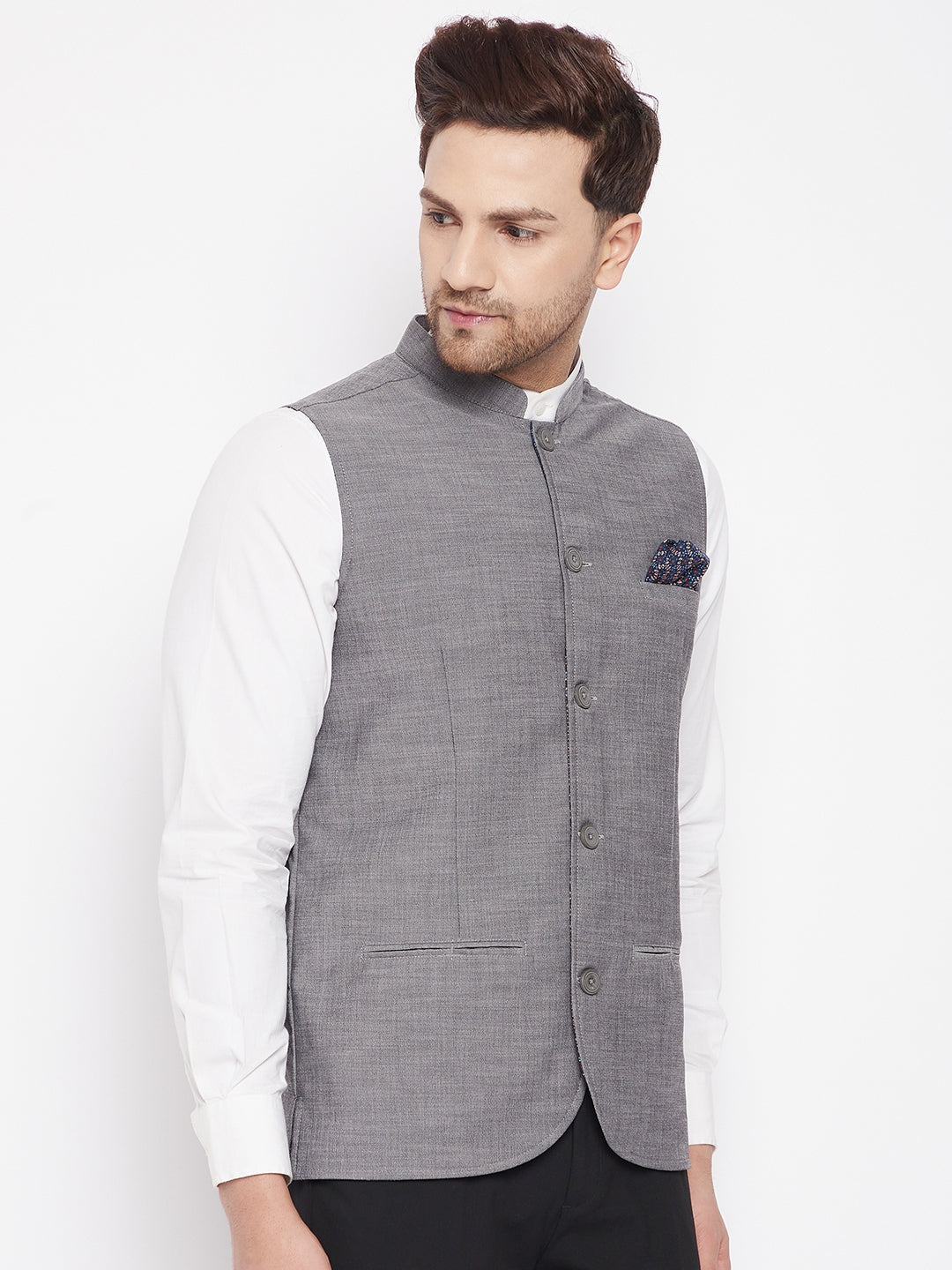 Men's Grey Color Woven Nehru Jacket - Even Apparels