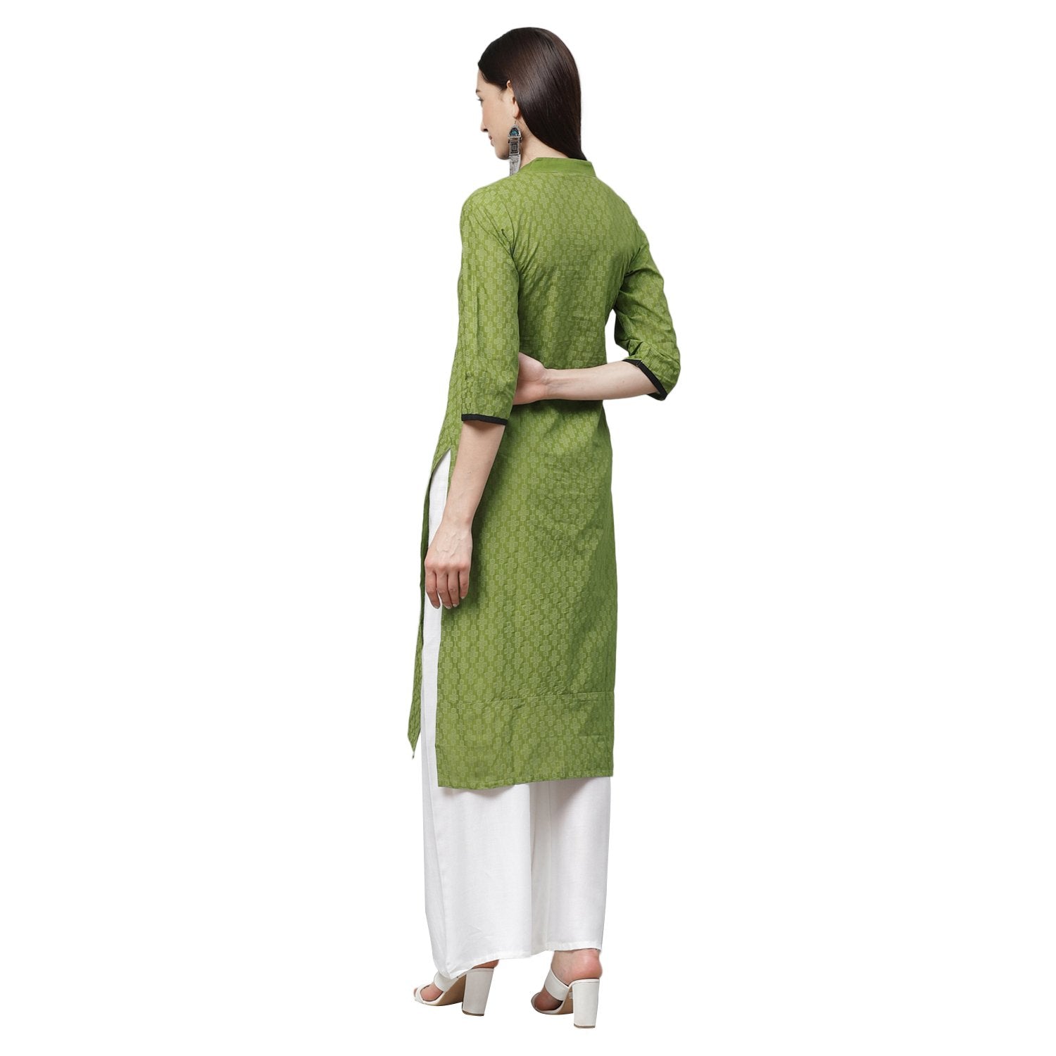 Women's Green Cotton Printed 3/4 Sleeve Mandrin Neck Casual Kurta Only - Myshka