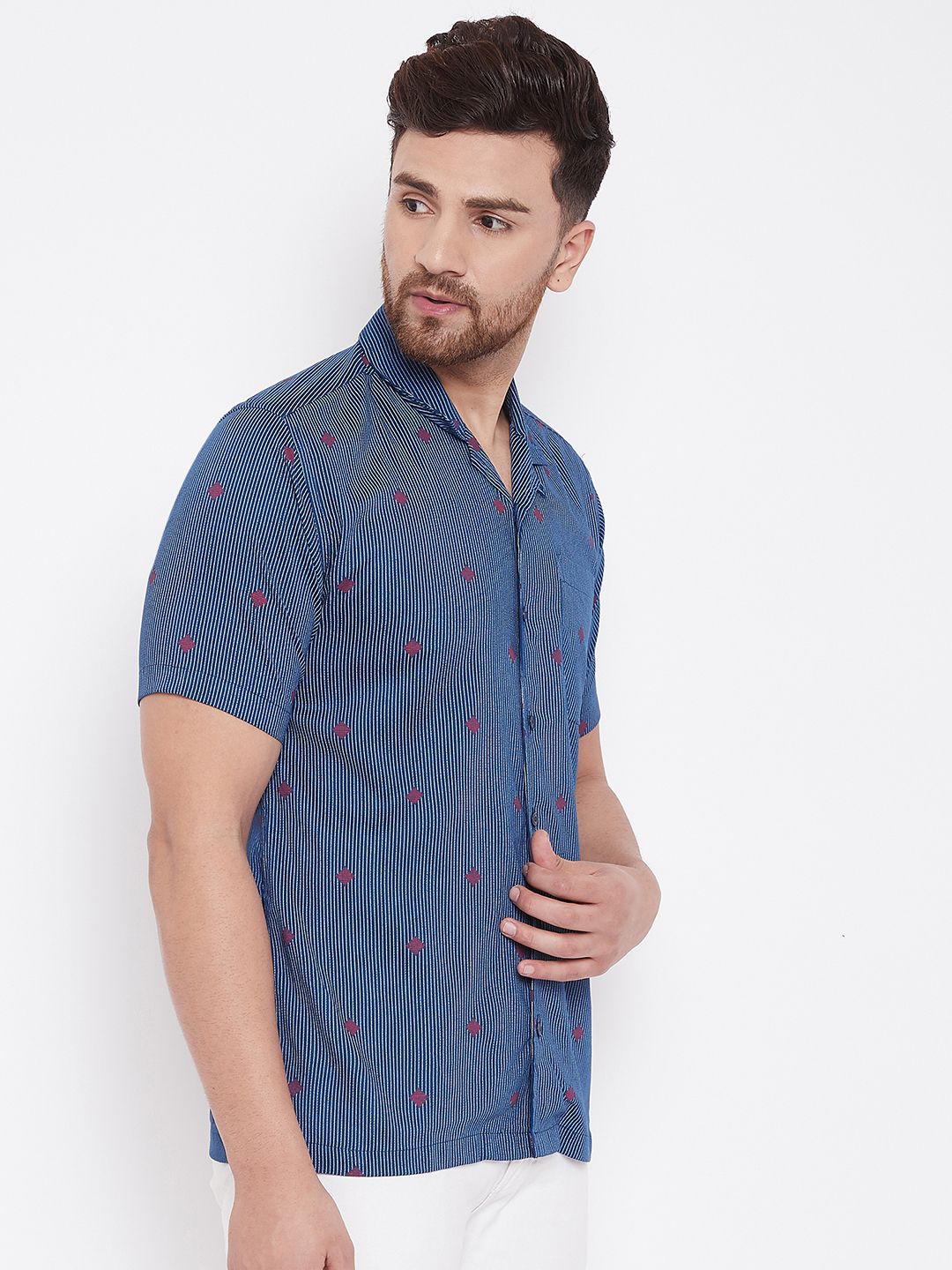 Men's Blue and White Striped Casual Shirt