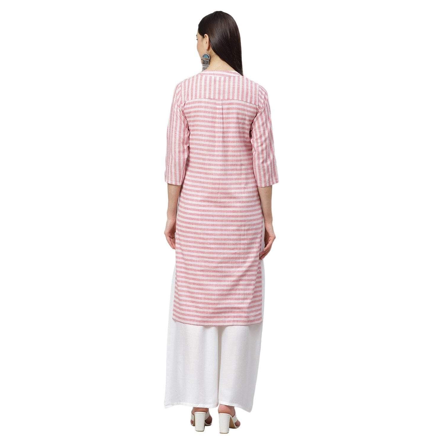 Women's Pink Cotton Check 3/4 Sleeve Mandrin Neck Casual Kurta Only - Myshka