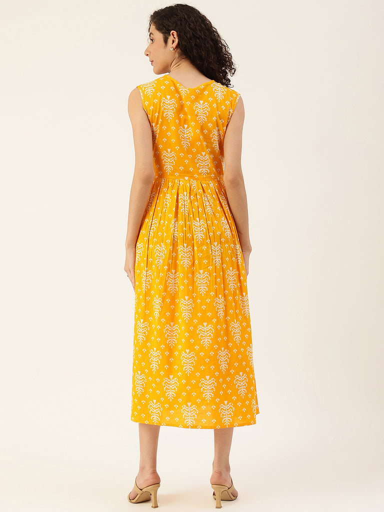 Women's Orange Printed Cowl Belt Cotton Dress