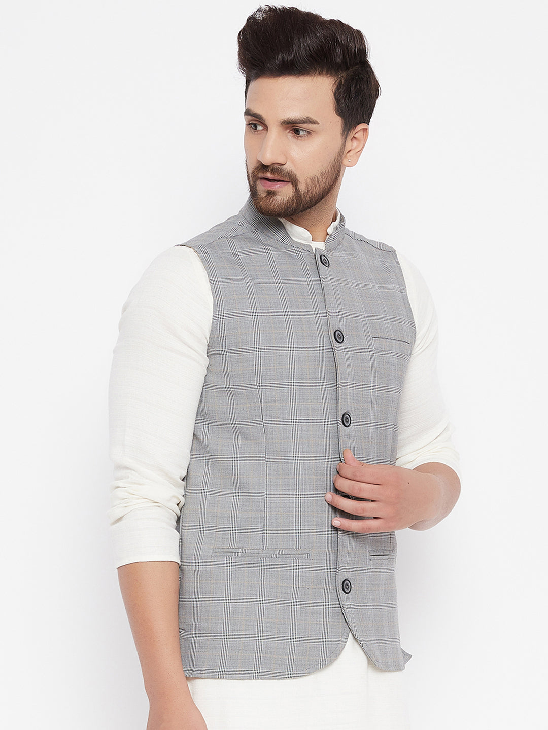 Men's Grey Woven Design Jacket - Even Apparels