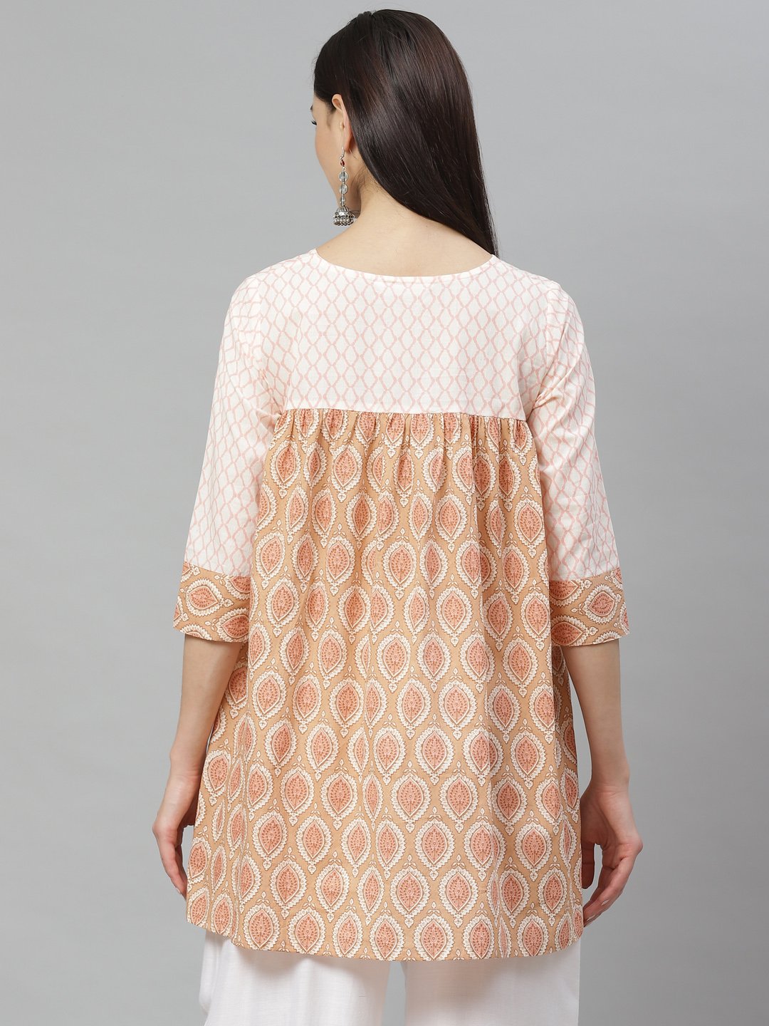Women's Beige Cotton Printed Printed 3/4 Sleeve Round Neck Casual Tunic - Myshka