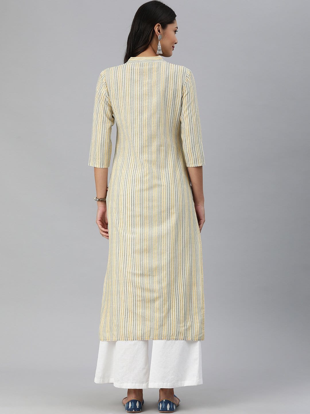 Women's KSUT Off White And Yellow Stripe Woven Kurta - Varanga