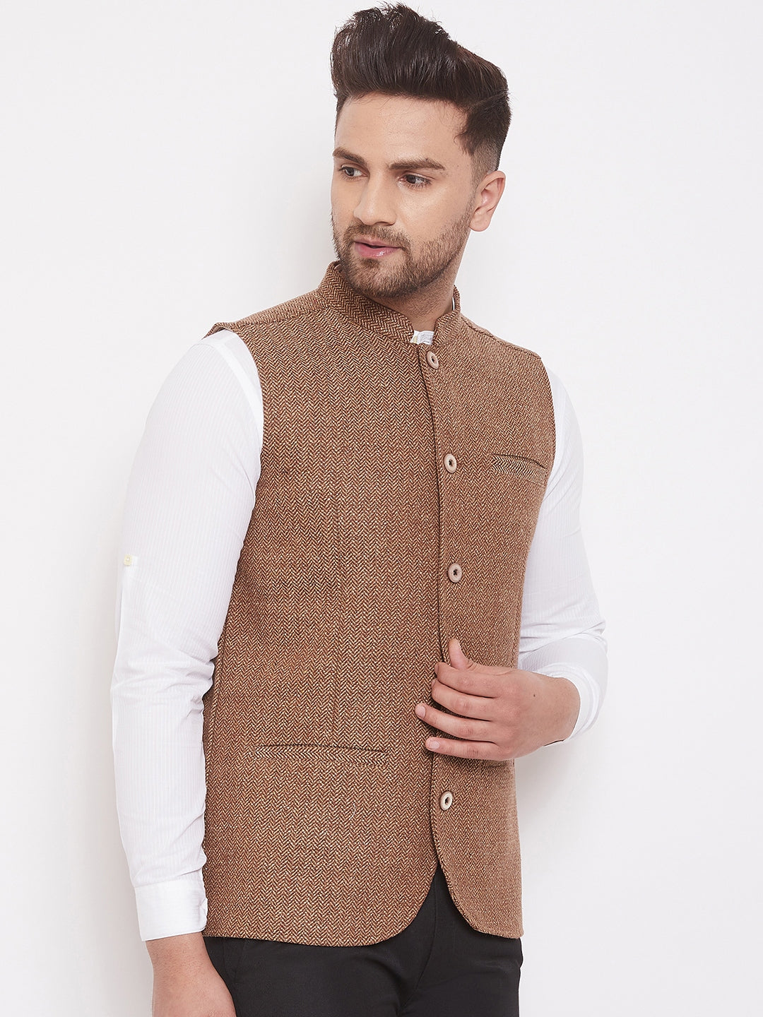Men's Brown Woolen Tweed Nehru Jacket