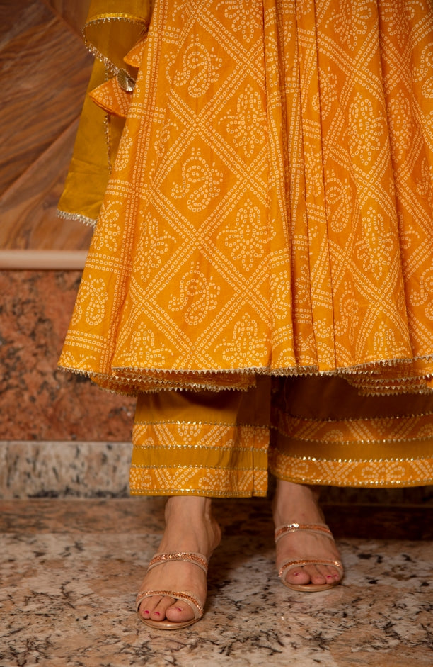 Women's Bandhej Yellow Cotton Anarkali Set - Pomcha Jaipur