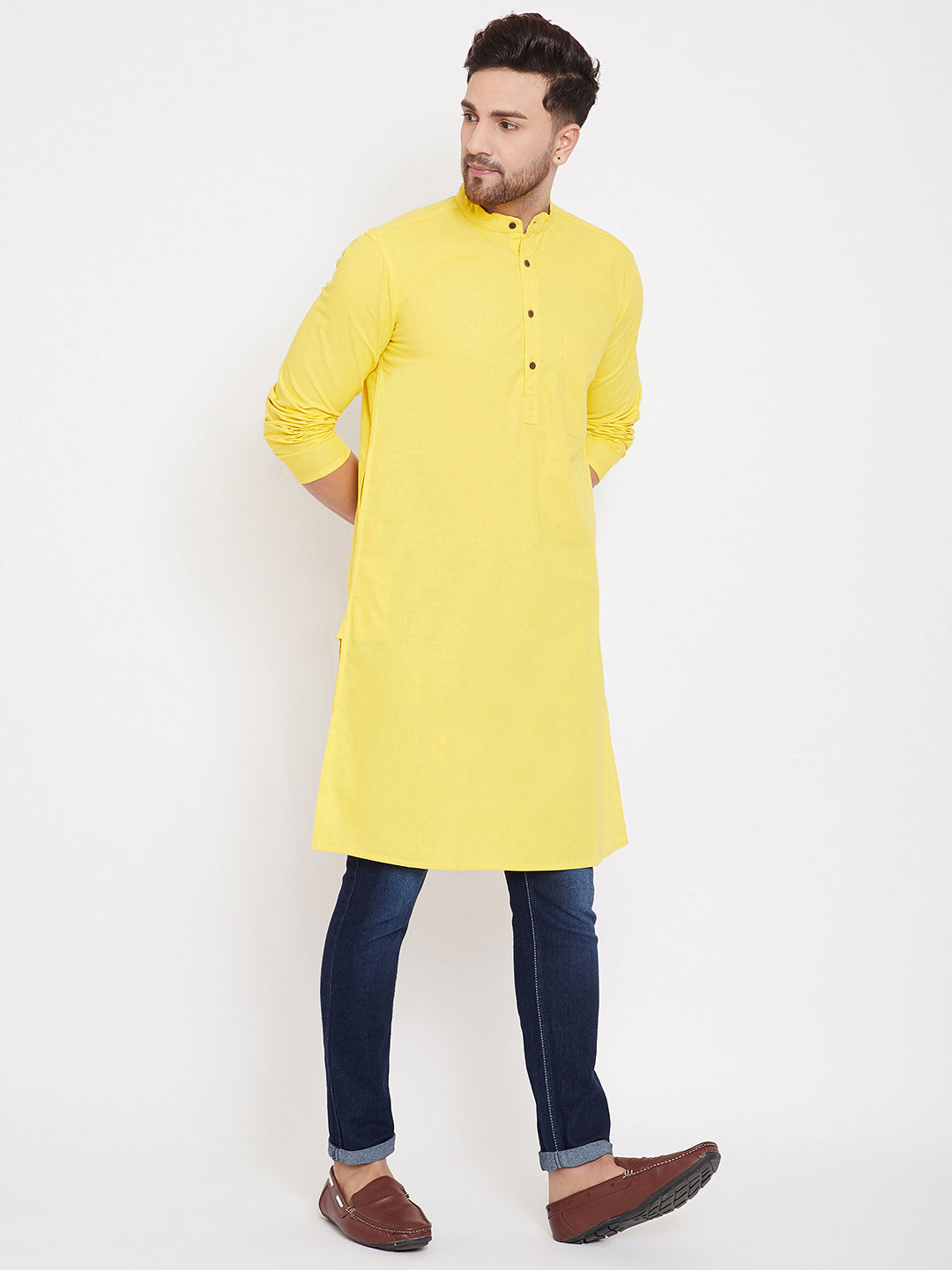 Men's Cotton Solid Yellow Kurta