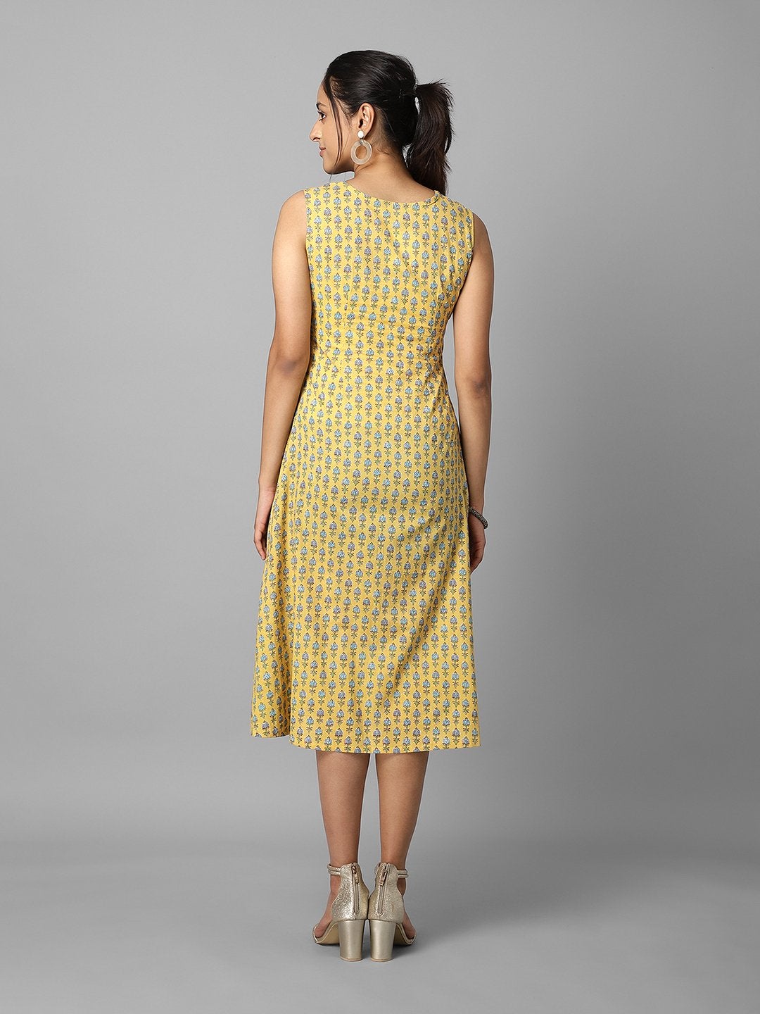 Women's Yellow Ethnic Printed Button Down A-Line Dress - Azira