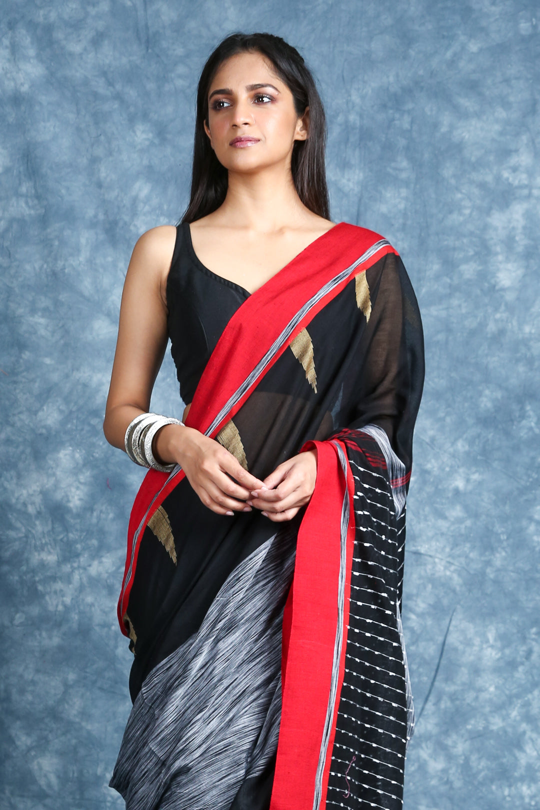 Women's Temple Design Black and Grey Half and Half Handloom Saree - Charukriti