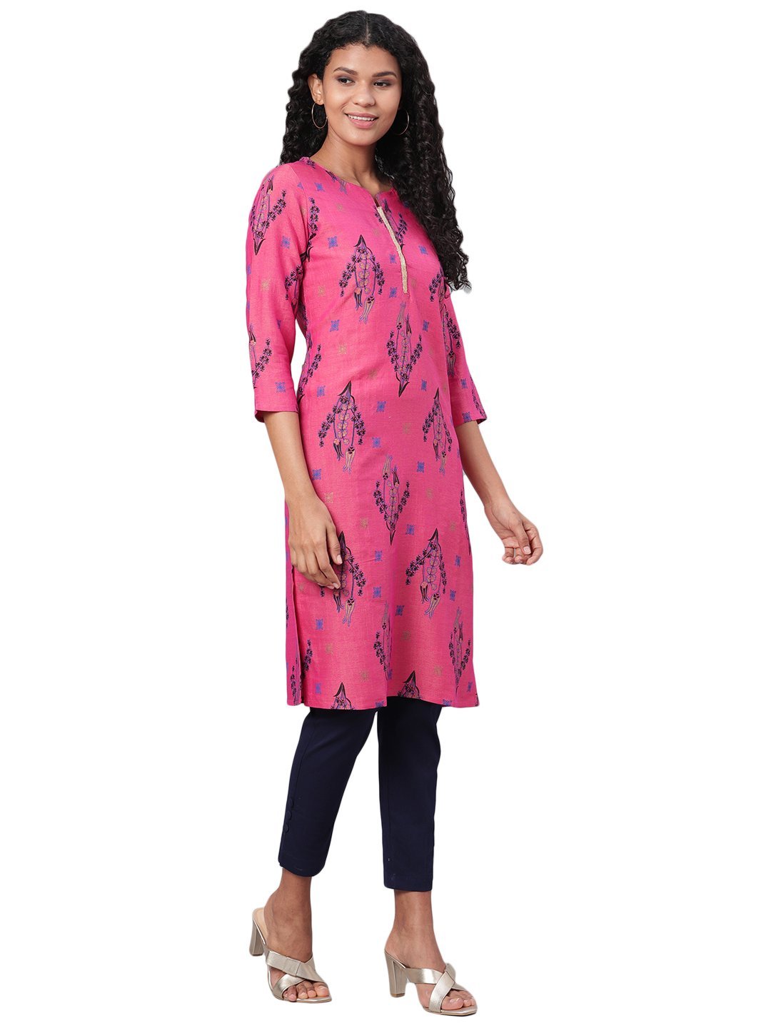 Women's Pink Printed 3/4 Sleeve Rayon Round Neck Casual Kurta Only - Myshka