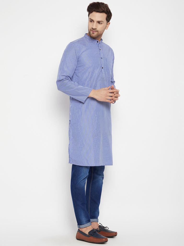 Men's Blue Color Long Kurta with Band Collar