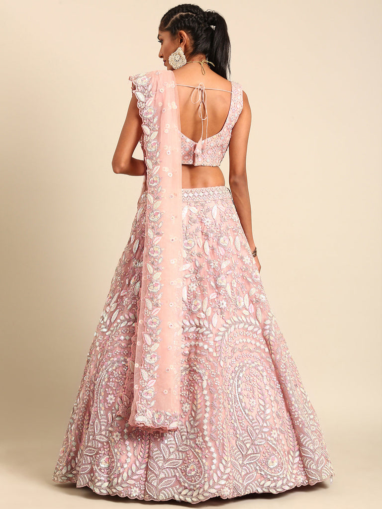 Women 's Pink Net Multi Sequins with heavy Zarkan embroidery Ready to Wear Lehenga choli & Dupatta