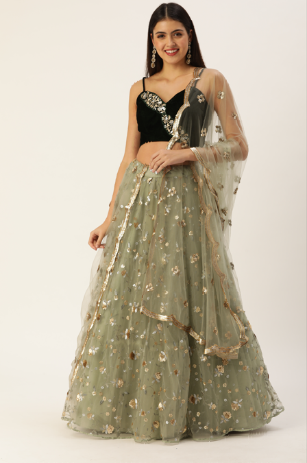 Women's Olive Net Sequince Embroideried  Lehenga & Blouse With Dupatta - Royal Dwells