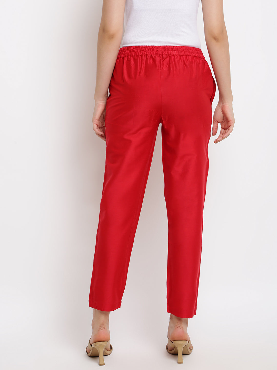 Women's Red Solid Straight Pants - IMARA