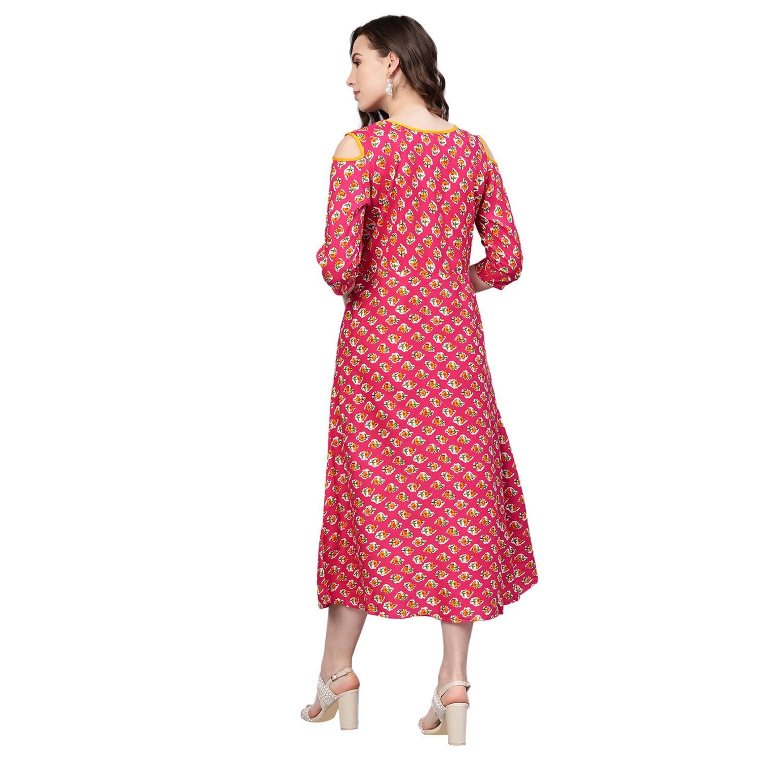 Women's Pink Rayon Printed 3/4 Sleeve Round Neck Casual Dress - Myshka