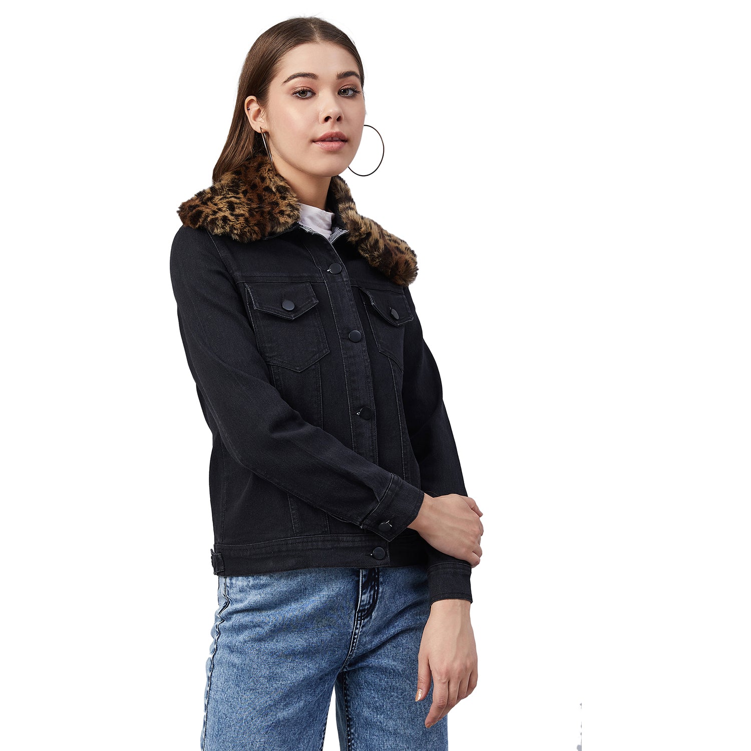 Women's Black Denim Jacket with Detachable Animal Fur Collar - StyleStone