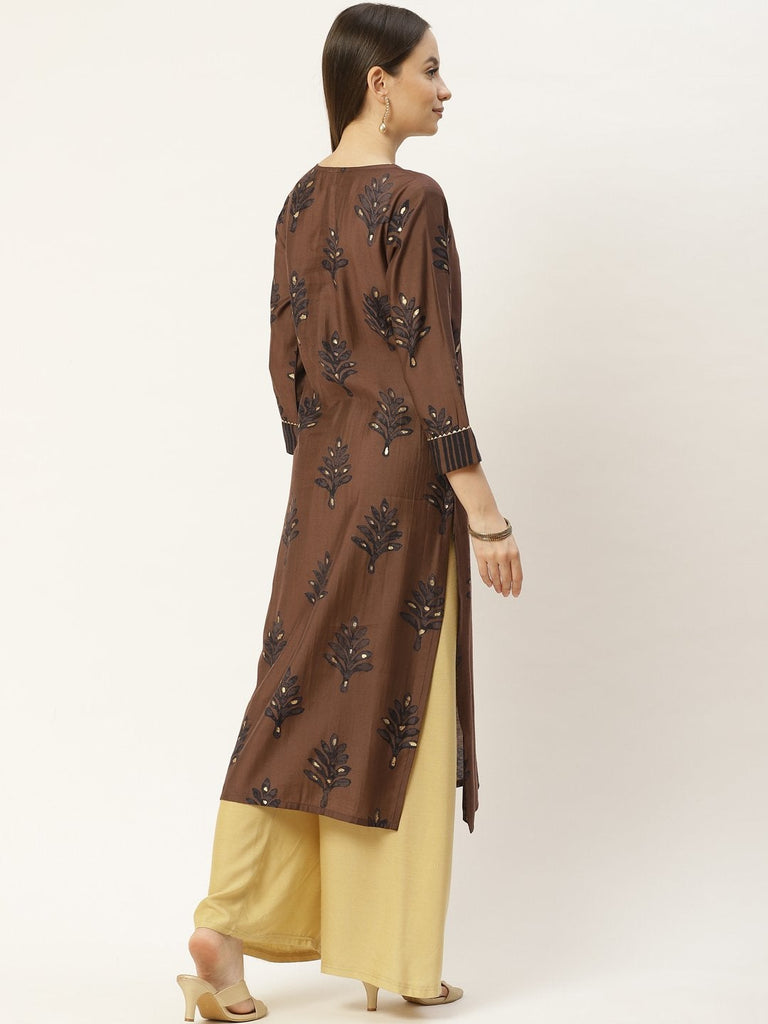 Women's Brown & Black Floral Printed Kurta (1pc)