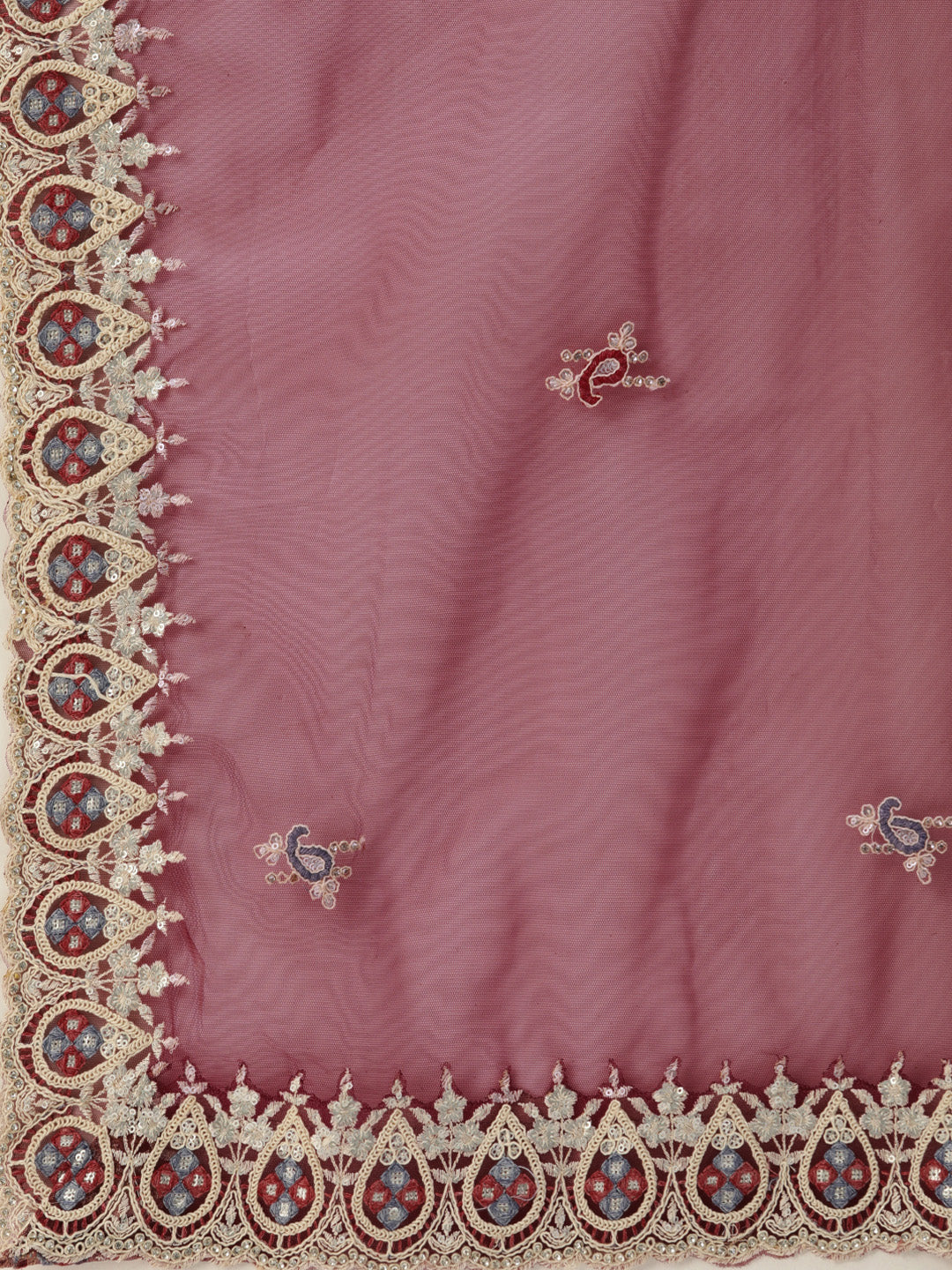 Women's Burgundy Net Multi Colour Thread Embroidered Lehenga & Blouse, Dupatta - Royal Dwells