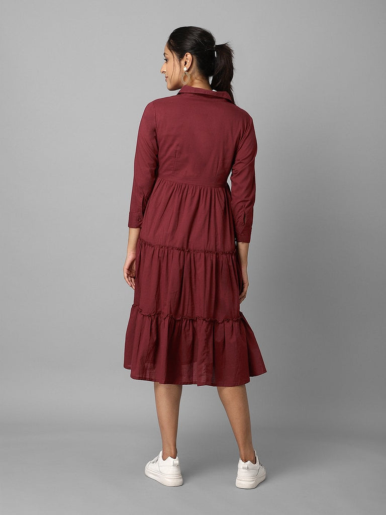 Women's Solid Wine Tiered A-Line Dress