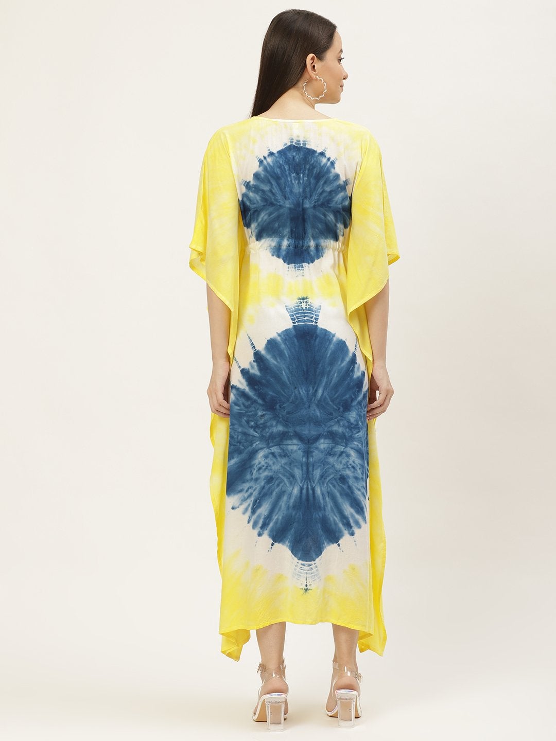 Women's Yellow & Blue Tie-Dye Kaftan Dress (1pc) - Maaesa