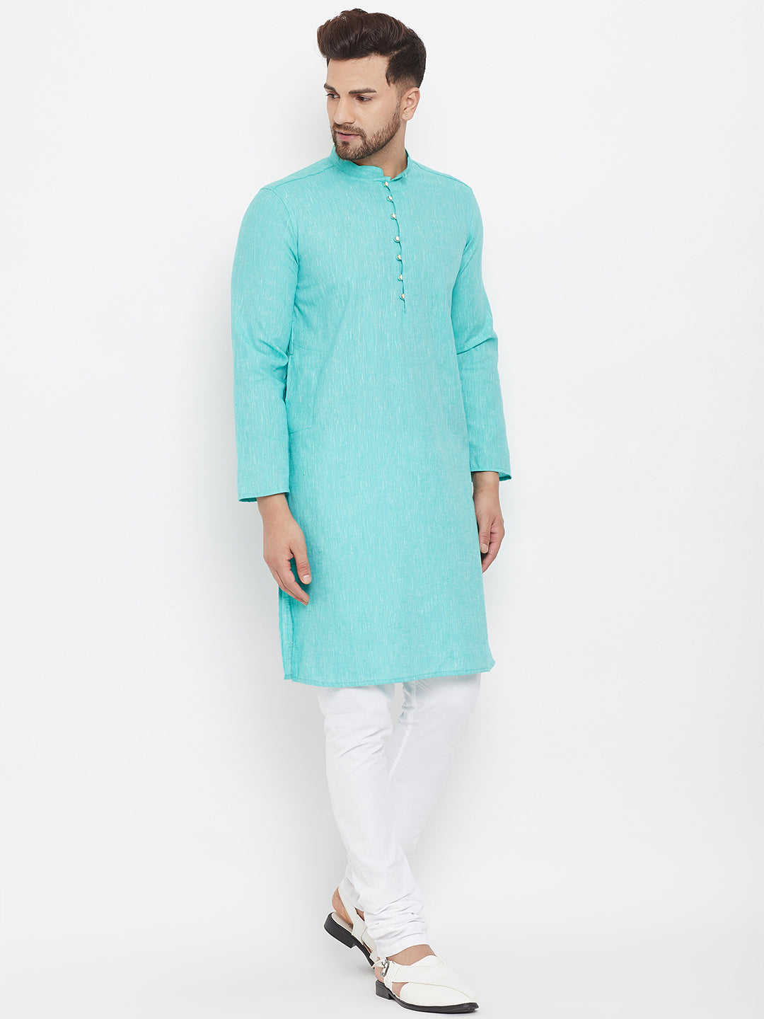 Men's Solid Turquoise Placket Detail Cotton Kurta