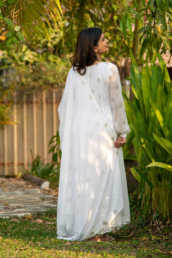 Women's White Sequin Alternate Kali Anarkali Set