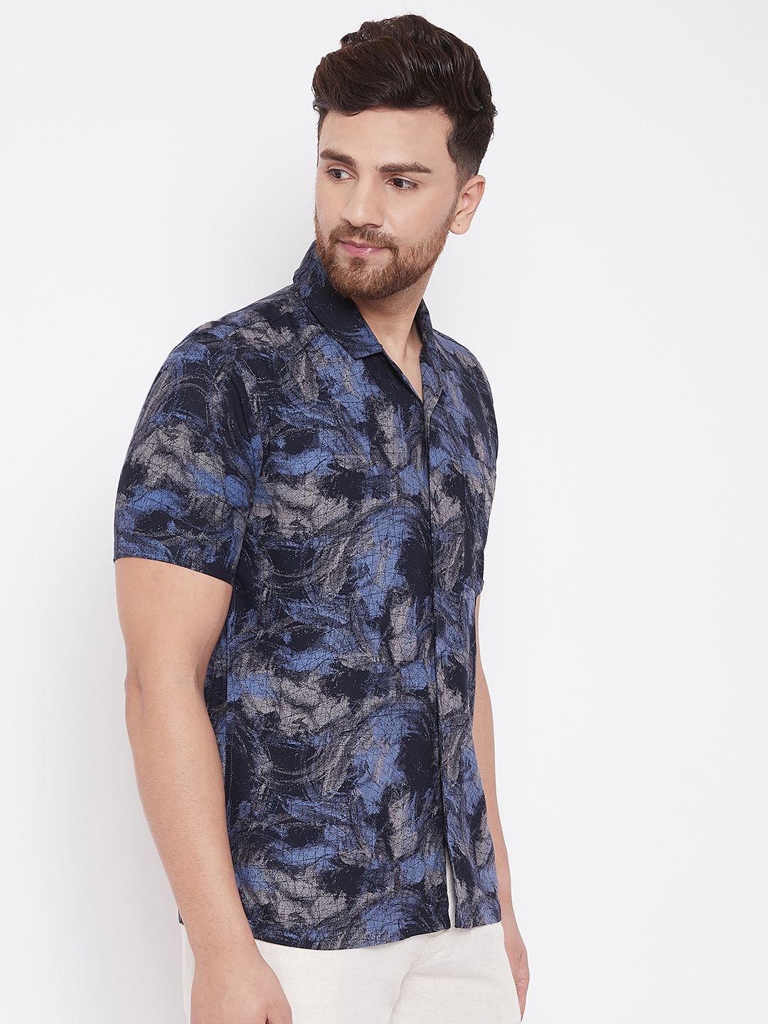 Men's Navy Blue Summer Cuban Collar Shirt