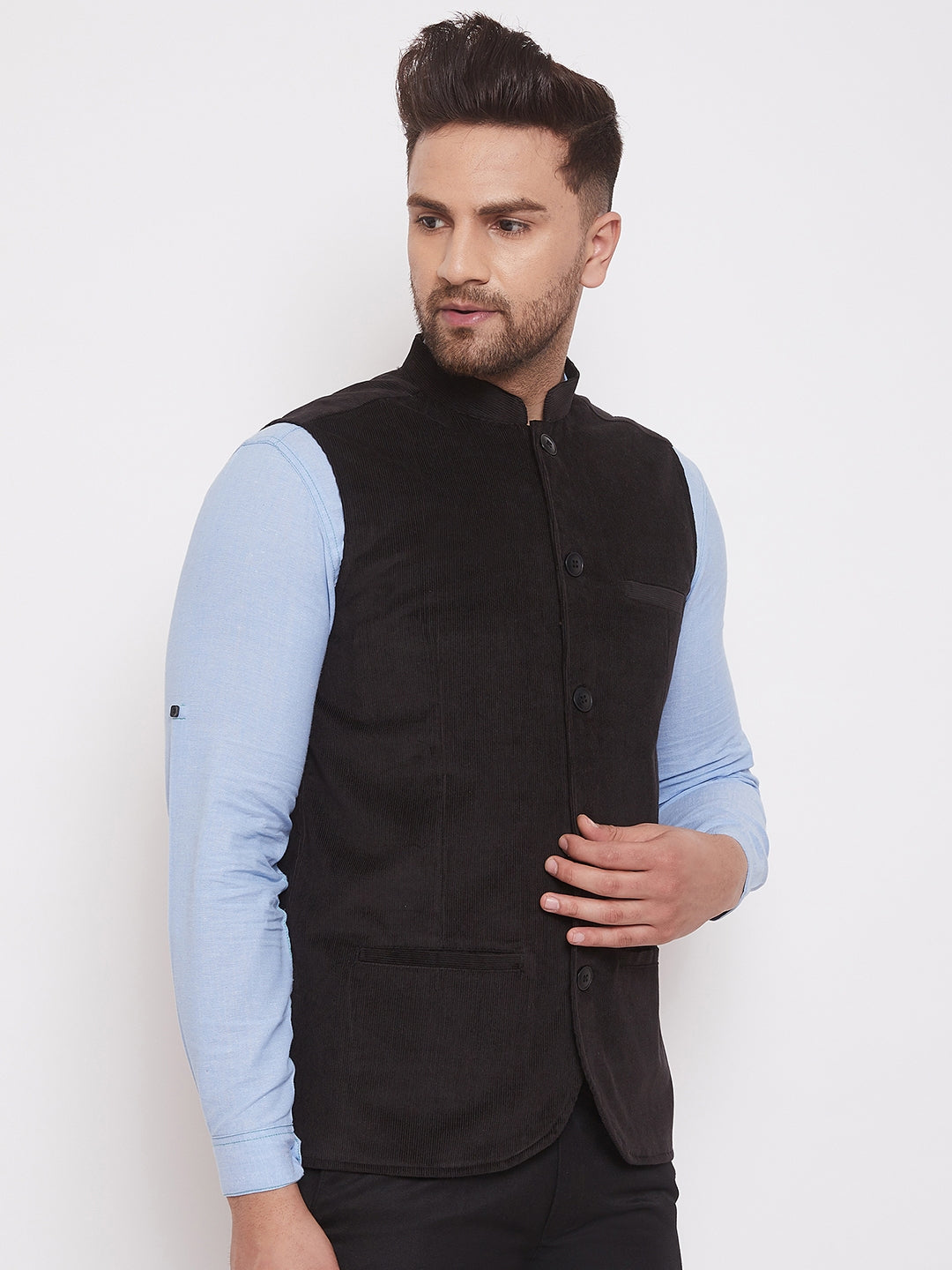 Men's Black Corduroy Solid Nehru Jacket