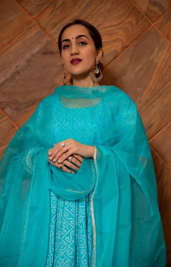 Women's Bandhej Blue Cotton Anarkali Set - Pomcha Jaipur