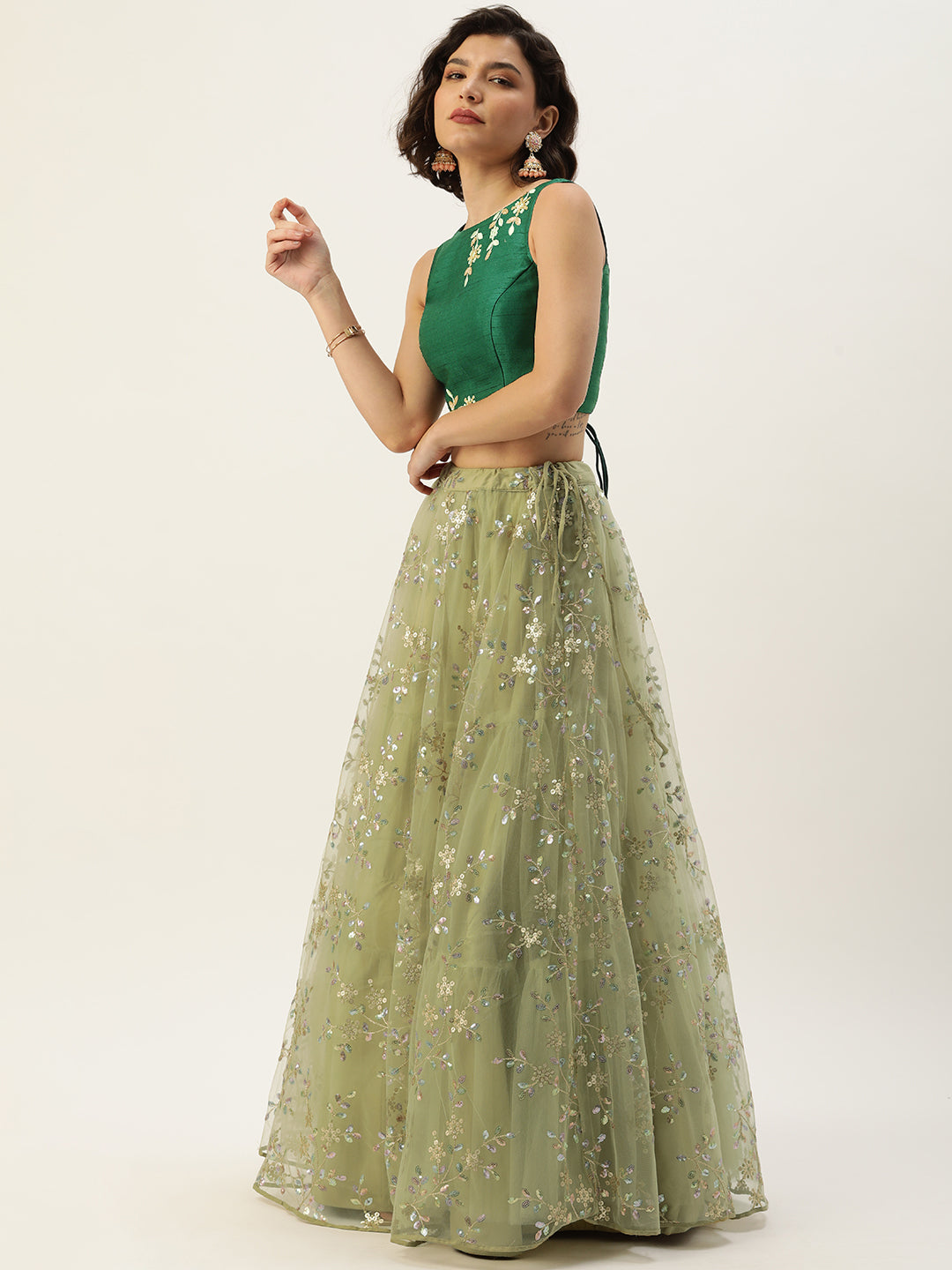 Women's Lime Green Net Multi Sequince Embroidery Lehenga & Blouse, Dupatta - Royal Dwells