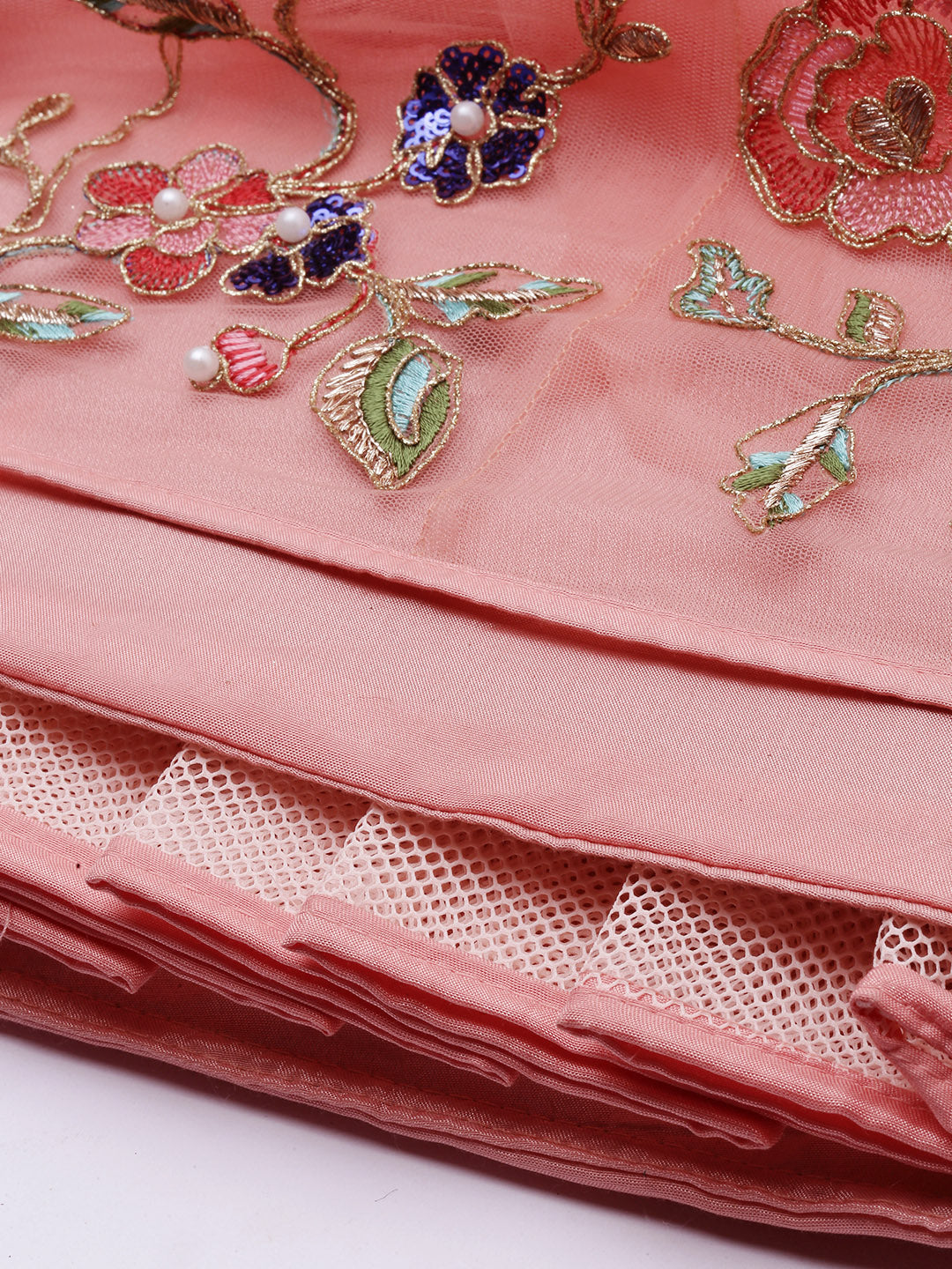 Women's  Peach Net Semi Stitched Coding And Moti Work Lehenga Choli - Royal Dwells