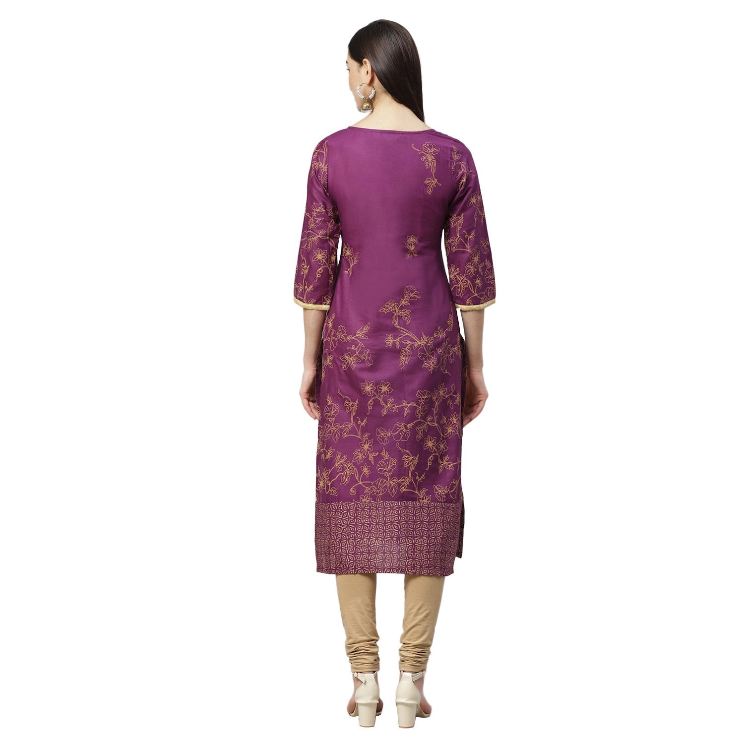 Women's Purple Cotton Printed 3/4 Sleeve Round Neck Casual Kurta Only - Myshka