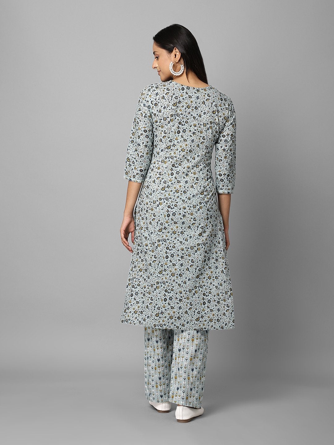 Women's Grey Floral Printed Side Slit Straight Kurta Palazzo Set - Azira