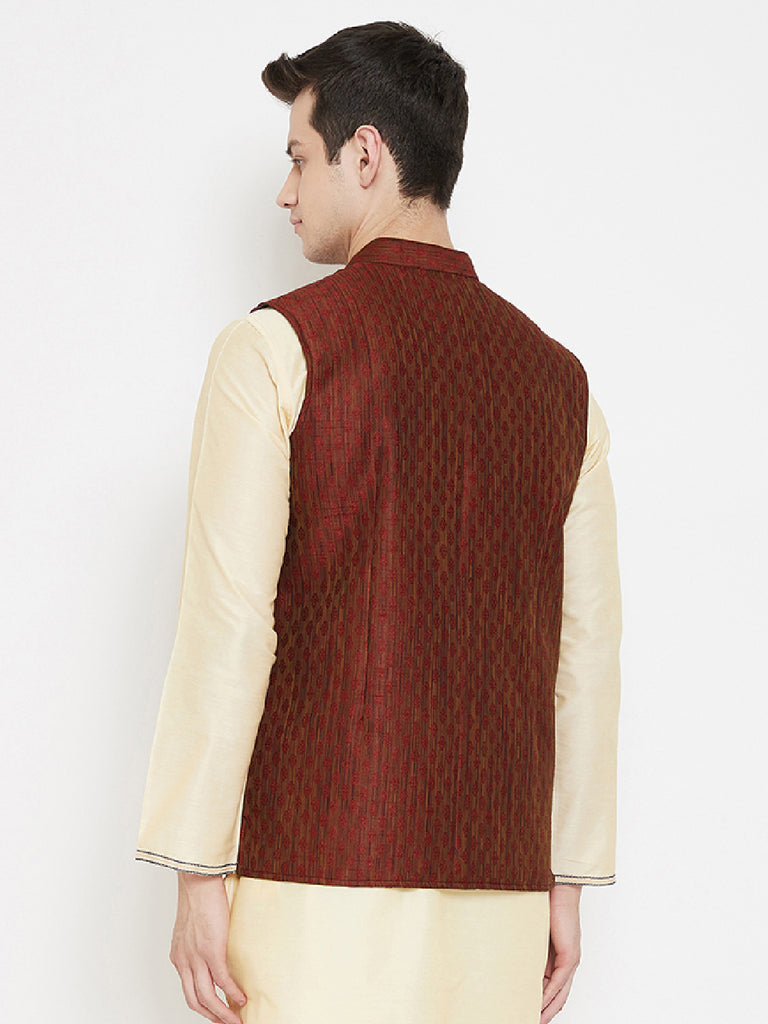 Men's Jacquard Maroon Silk Nehru Jacket