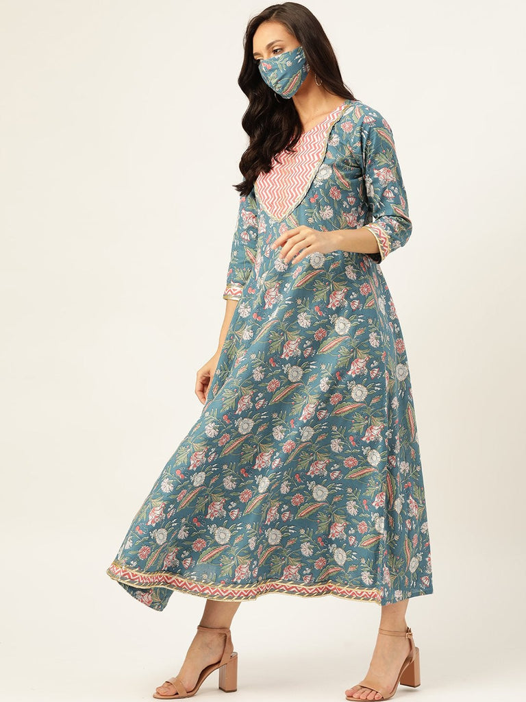Women's Blue Cotton Gotta Work Anarkali With Dupatta