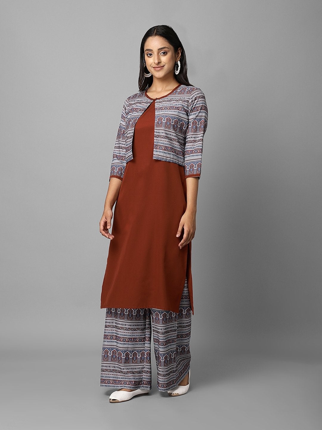 Women's Rust And Grey Ethnic Printed Side Slit Straight Jacket Style Kurta Palazzo Set - Azira