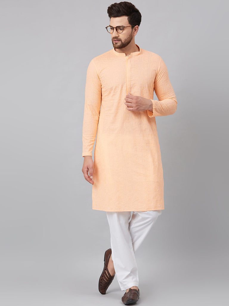 Men's Peach Chikankari Embroidered Woven Design Straight Kurta