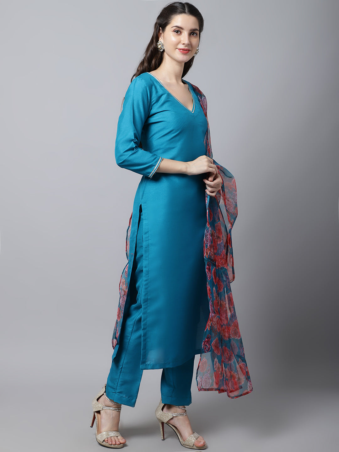 Women's Celeste Blue Silk Kurti With Pants And Printed Dupatta - Anokherang