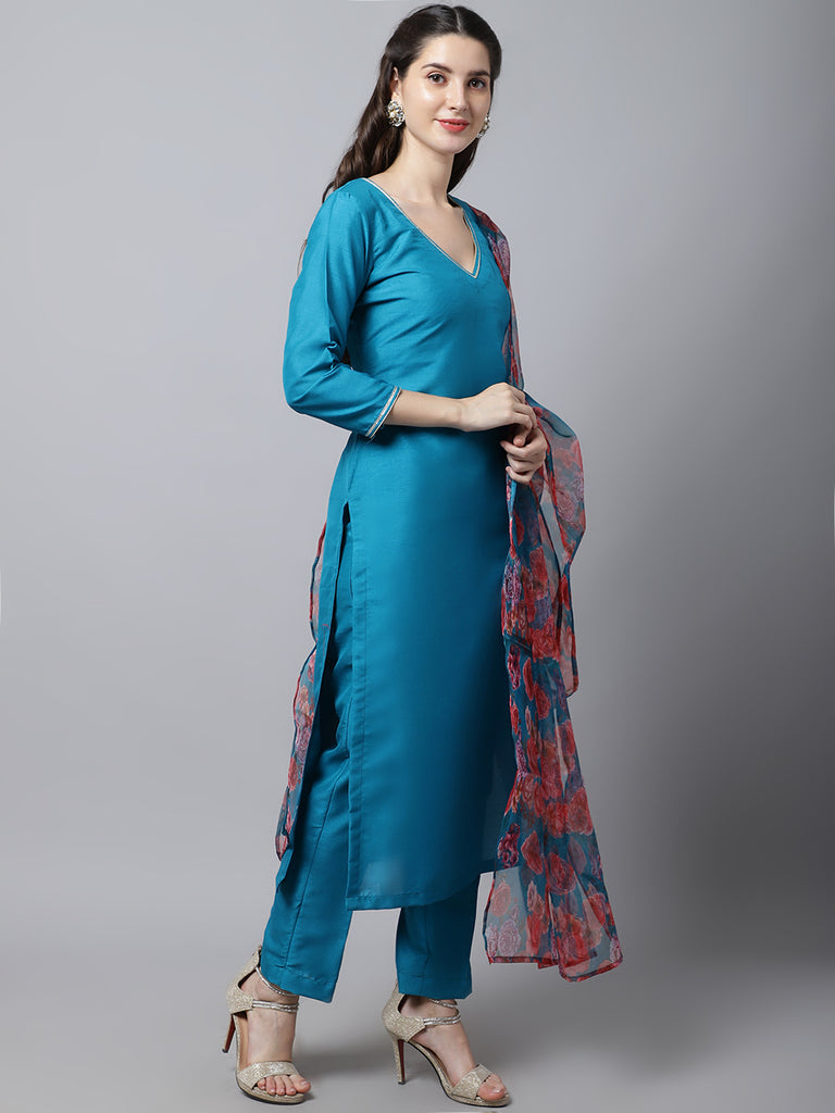 Women's Celeste Blue Silk Kurti With Pants And Printed Dupatta