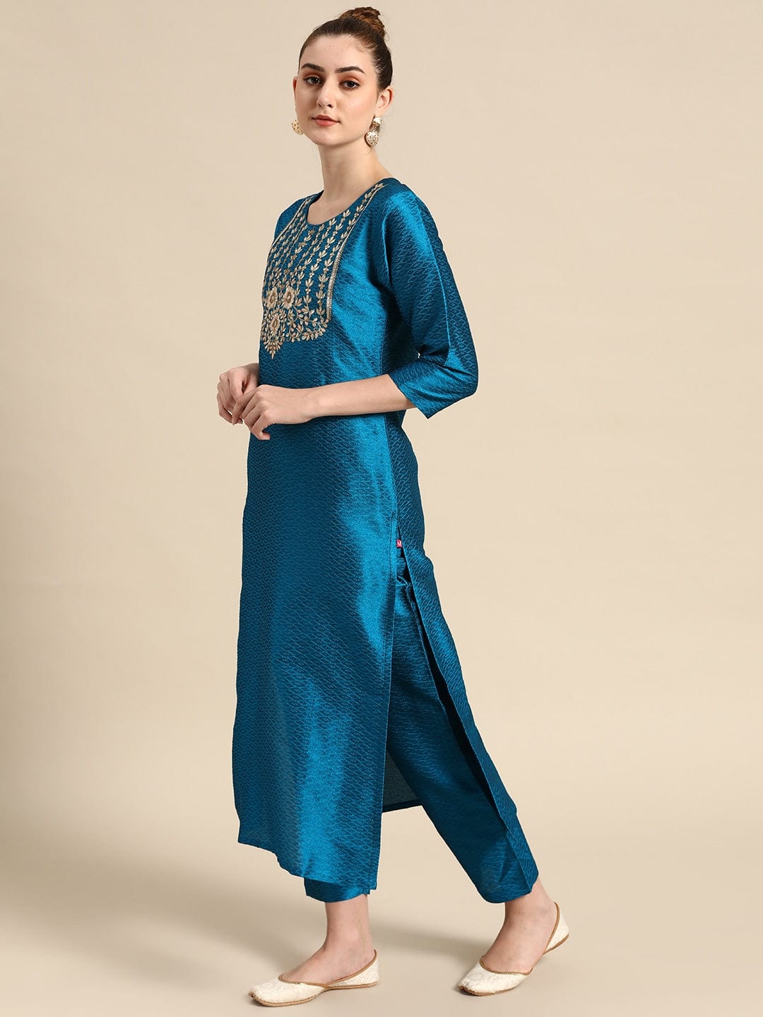 Women's Blue & Golden Embroidered Jacquard Kurta with Trousers - Varanga