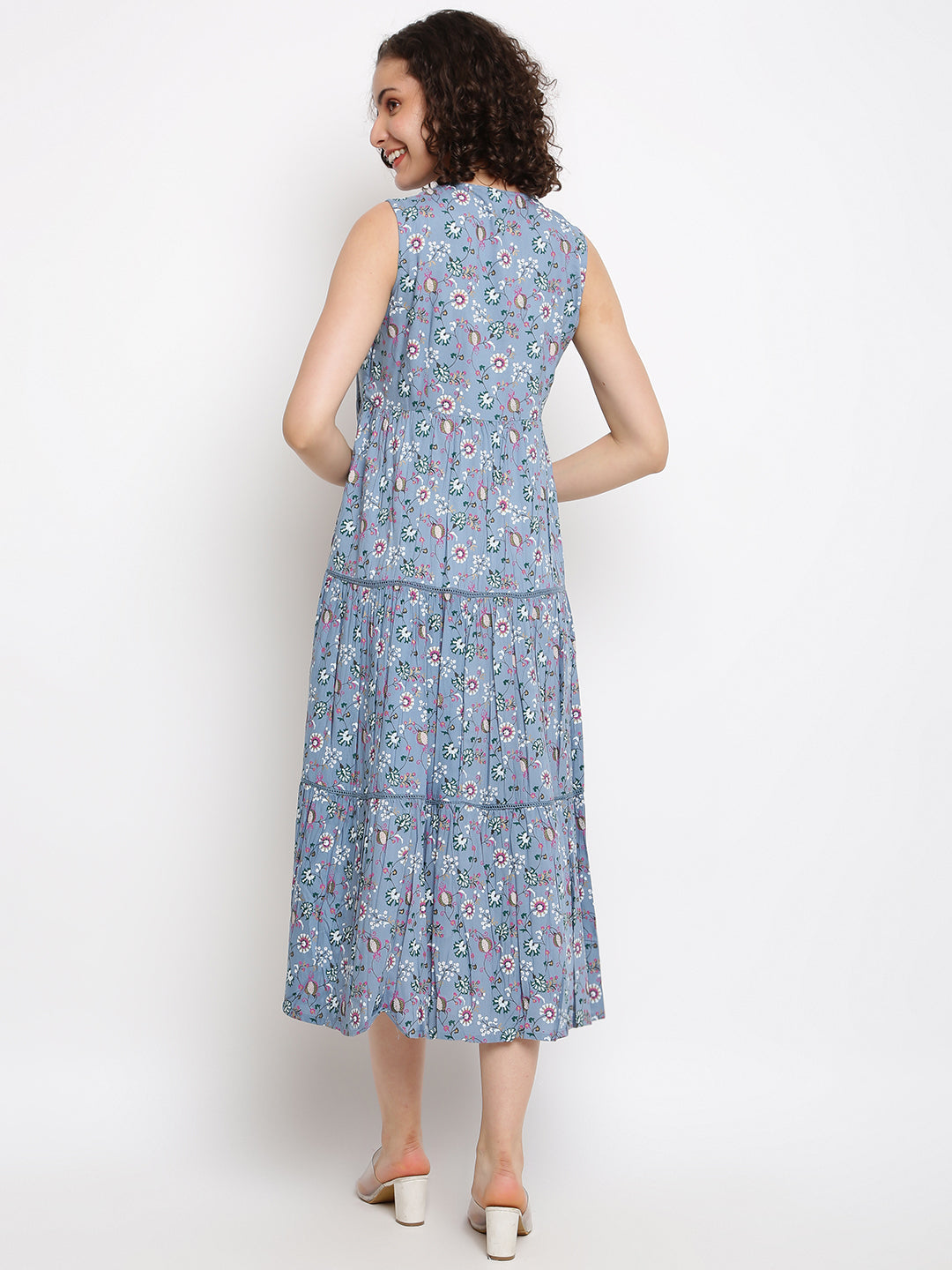 Women's Printed Blue Tiered Dress - IMARA