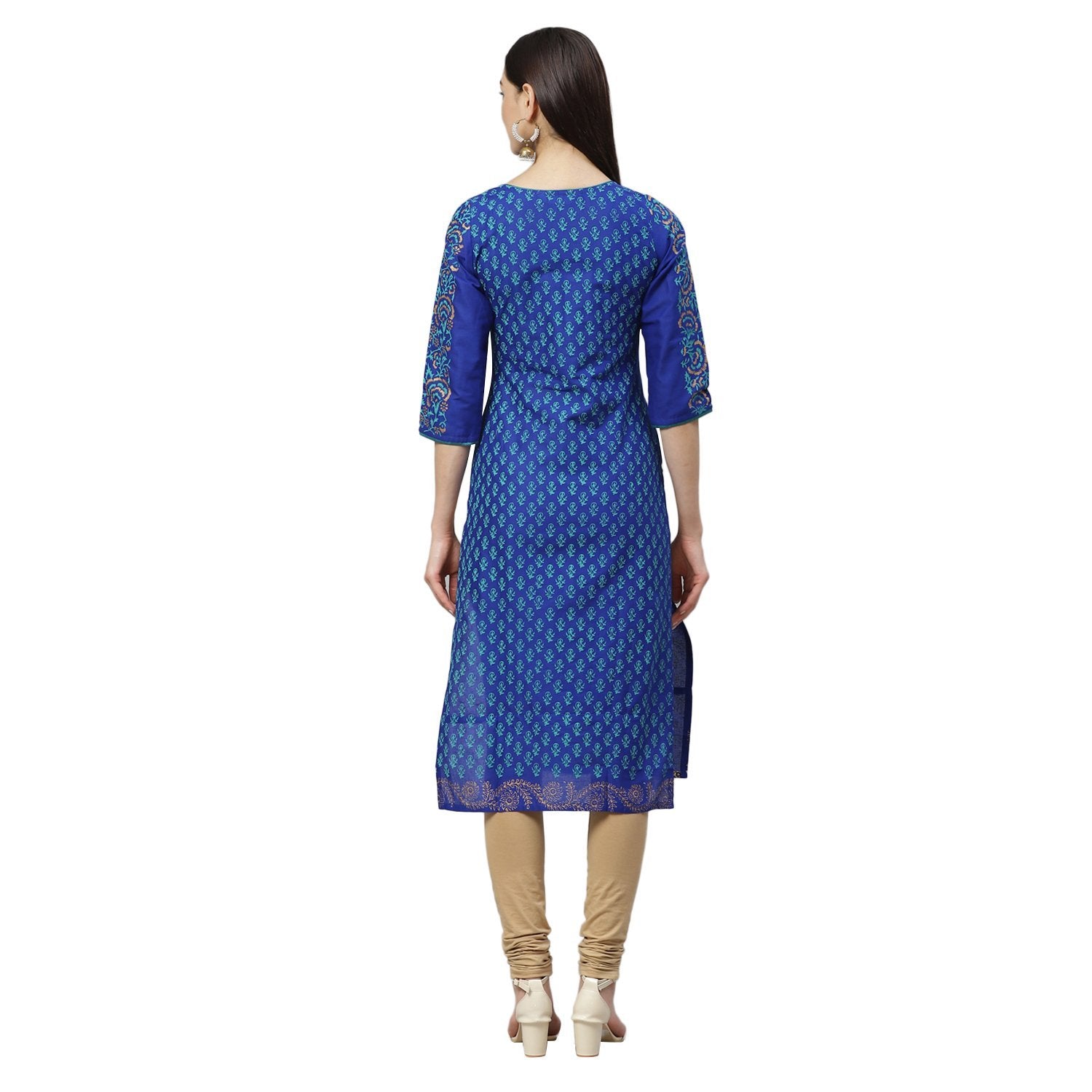 Women's Blue Cotton Printed 3/4 Sleeve Round Neck Casual Kurta Only - Myshka